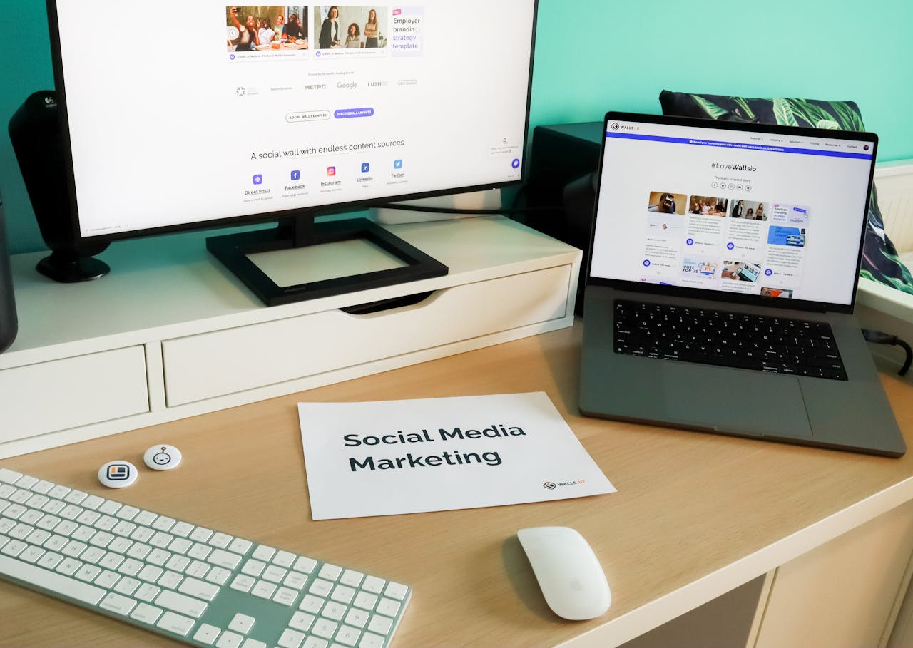 gallery-02 Stylish workspace with laptop and monitor for social media marketing.